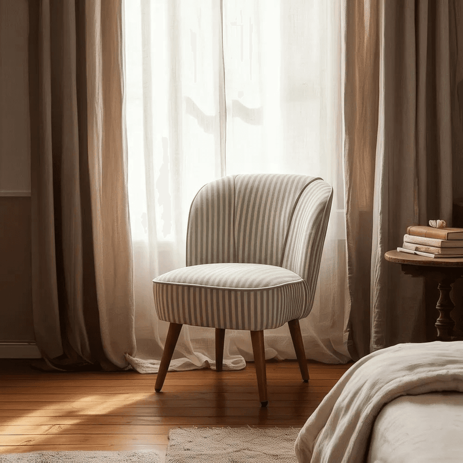 CLUB EMMA fotel természetes fényben, elegáns hálószobai környezetben.