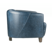 Kék színű valódi marhabőrrel kárpitozott kis méretű klubfotel.