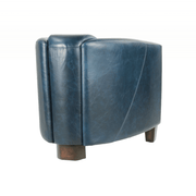 Kék színű valódi marhabőrrel kárpitozott kis méretű klubfotel.