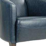 Kék színű valódi marhabőrrel kárpitozott kis méretű klubfotel.