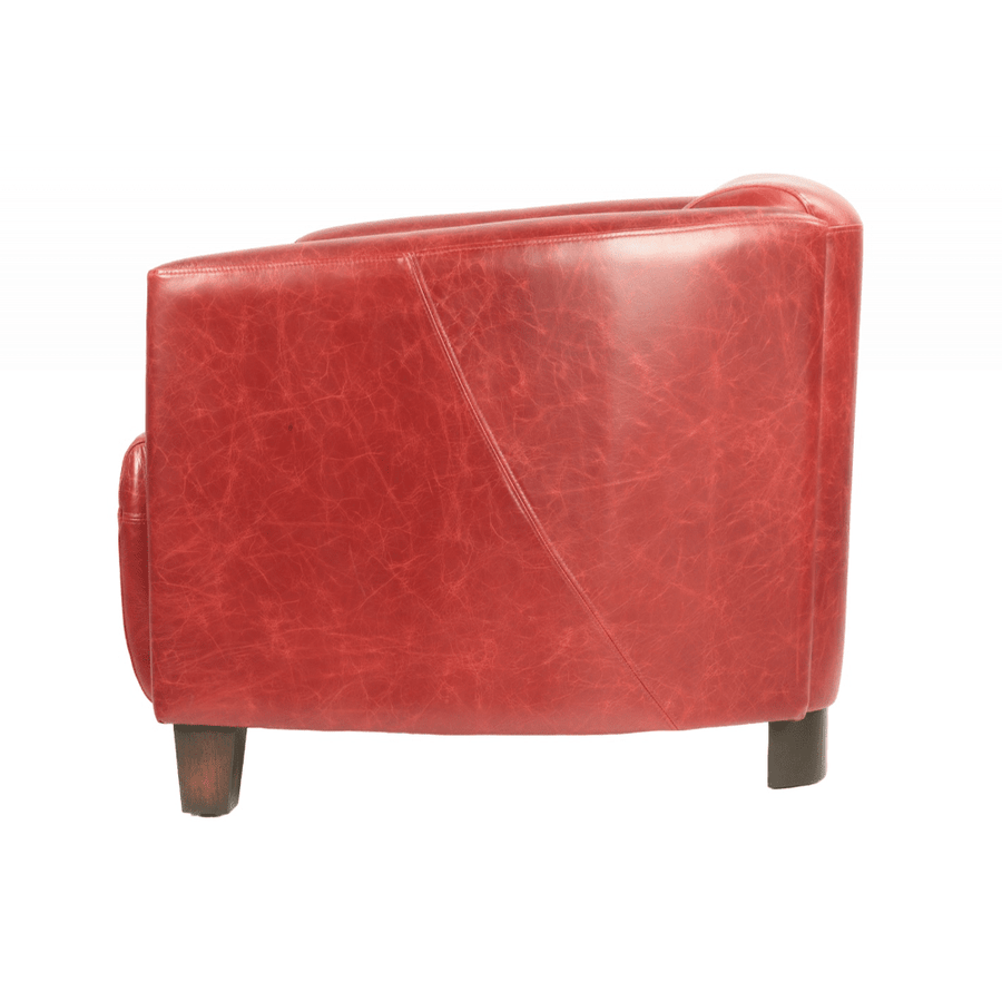 Piros színű valódi marhabőrrel kárpitozott kis méretű klubfotel.