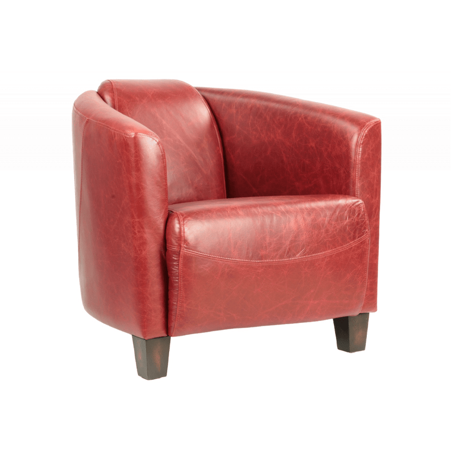 Piros színű valódi marhabőrrel kárpitozott kis méretű klubfotel.