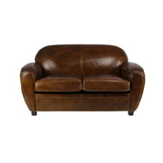 Club Paquebot 2 személyes dohánybarna bőrkanapé szemből, lekerekített háttámlával és karfákkal