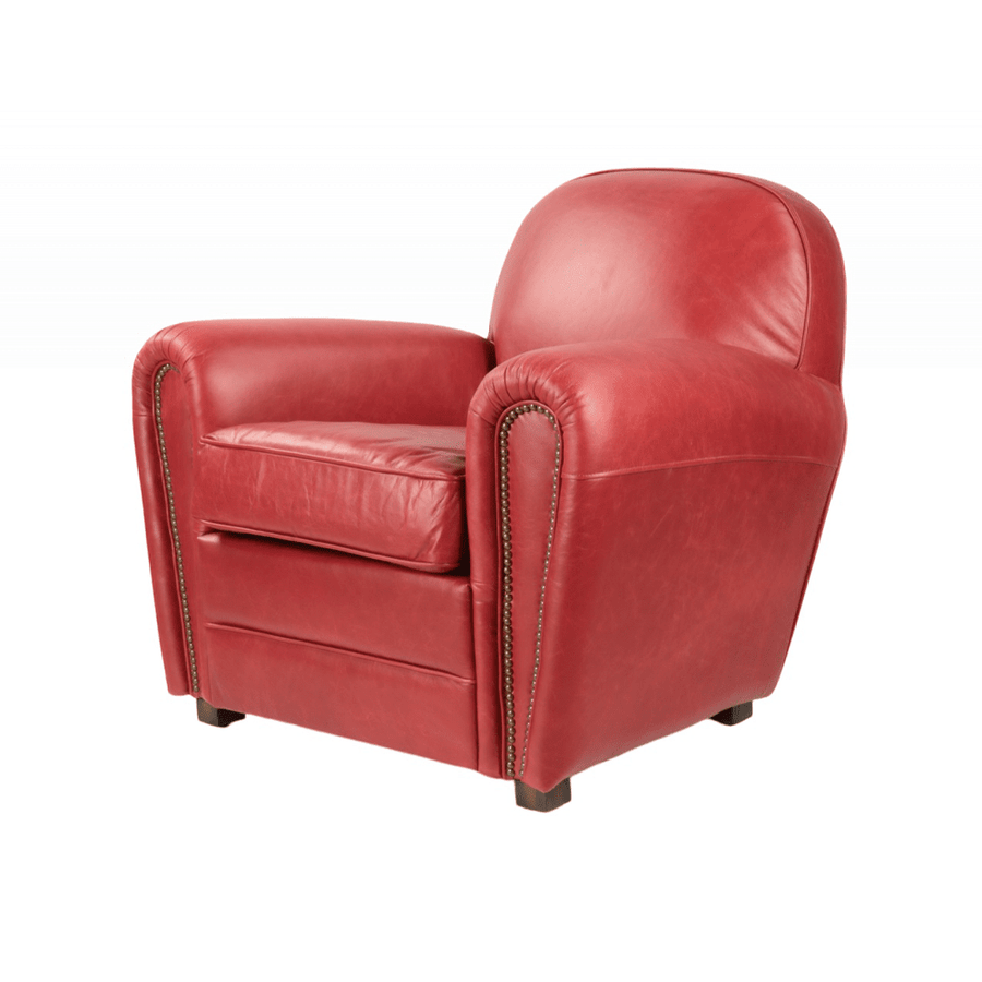 Piros színű valódi marhabőrrel kárpitozott klubfotel.