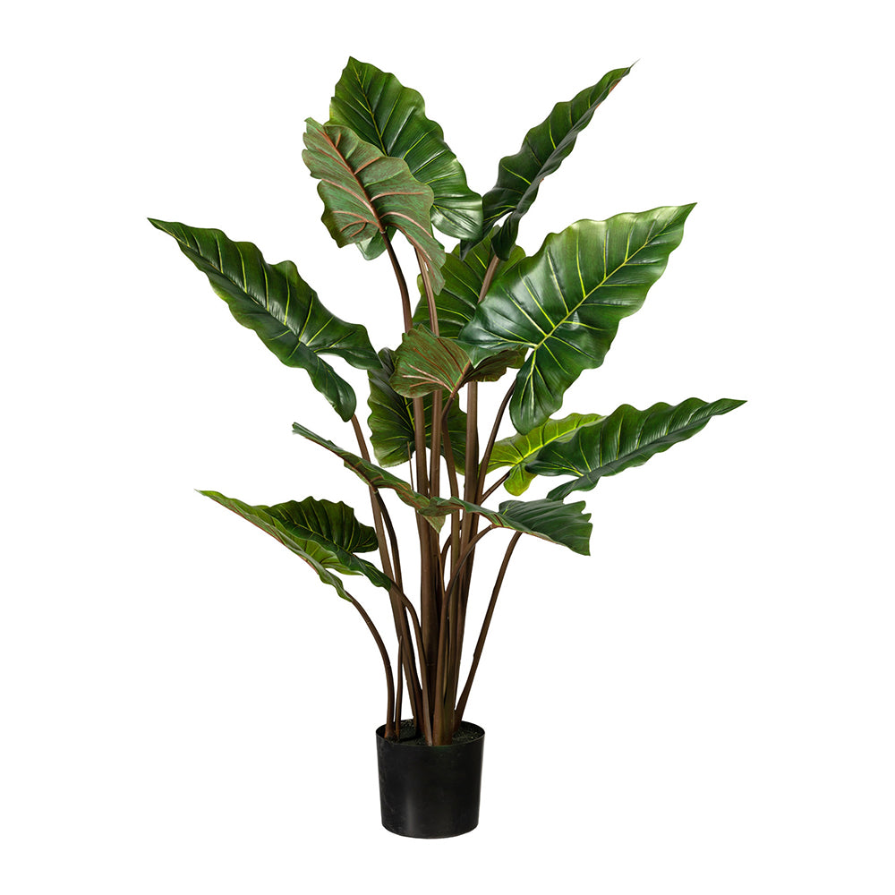 COLOCASIA zöld mű táró bokor 140 cm magas, fekete műanyag kaspóban, realisztikus levelekkel