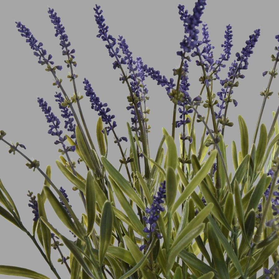 Fekete színű műanyag cserépbe helyezett, mű levendula bokor.