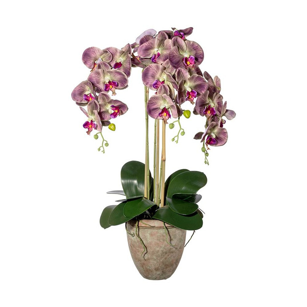 Lila színű mű orchidea, rusztikus terrakotta kaspóban.