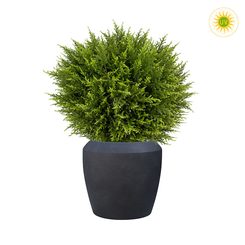 UV-álló mű gömb ciprus fekete kaspóban 60 cm, modern zöld dekor növény