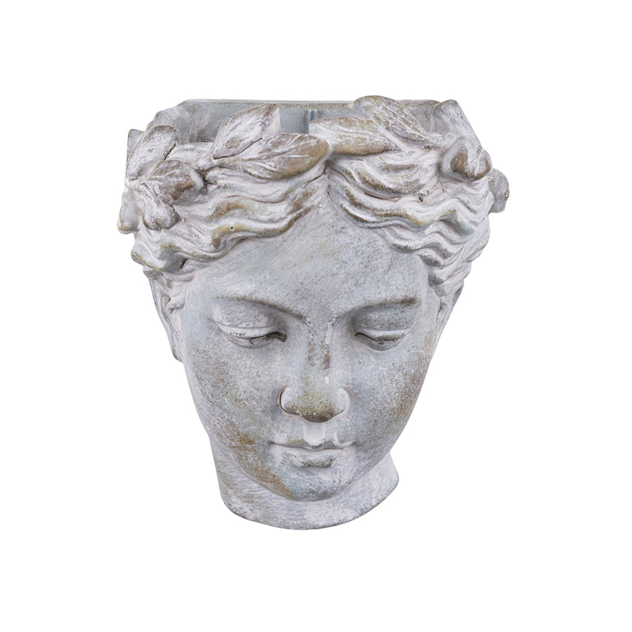 Szürke színű, falra helyezhető női kaspó büszt.