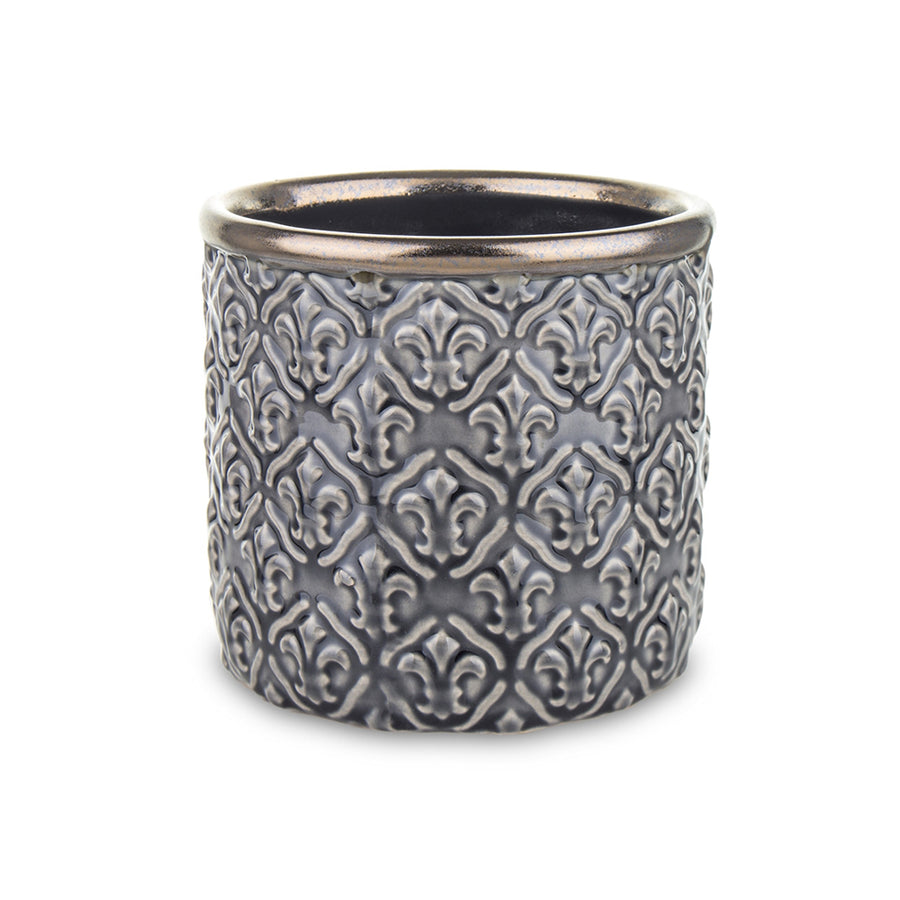 Szürke, dombormintás kerámia kaspó antikolt arany peremmel – elölnézeti kép