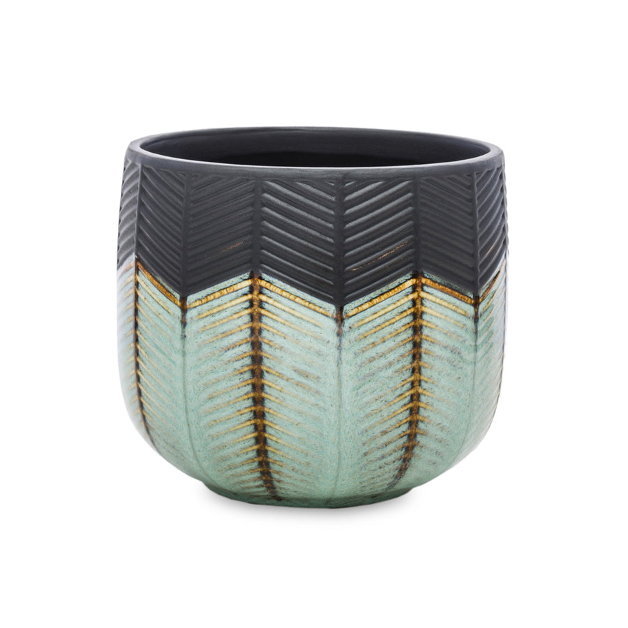 Fekete és türkiz színű, dombormintás kerámia kaspó aranyszínű részletekkel a Dalia kollekcióból, 14 cm átmérővel