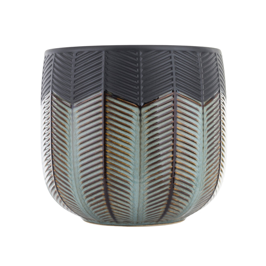 Dalia kollekció kaspója oldalnézetből, aranyszínű részletekkel kiemelt dombormintával, fekete-türkiz kerámia mázban.