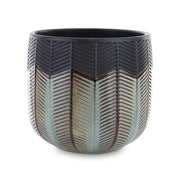 Modern fekete és türkiz színű, dombormintás kerámia kaspó 18 cm átmérővel és aranyszínű részletekkel, Dalia kollekció