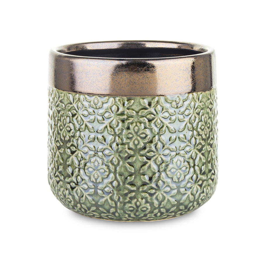 Zöld, dombormintás kerámia kaspó bronzos peremmel – elölnézeti kép