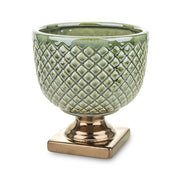 Zöld, dombormintás kerámia kaspó bronzos talppal – előnézeti kép