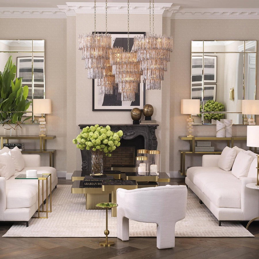 Füstüvegből és sárgaréz színű szálcsiszolt fémből készült kézműves dizájn csillár..