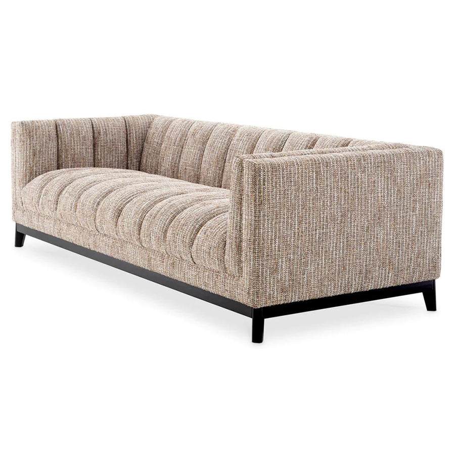 Bézs színű szövettel kárpitozott, prémium minőségű, formatervezett design kanapé.