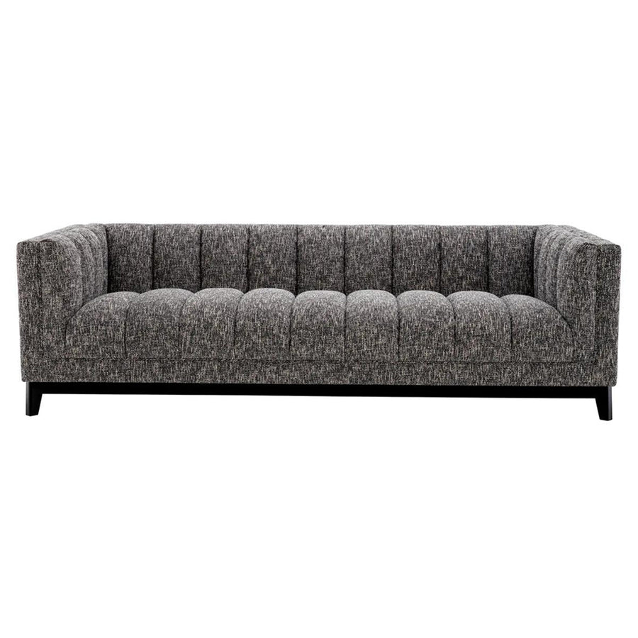 Fekete színű szövettel kárpitozott, prémium minőségű, formatervezett design kanapé.