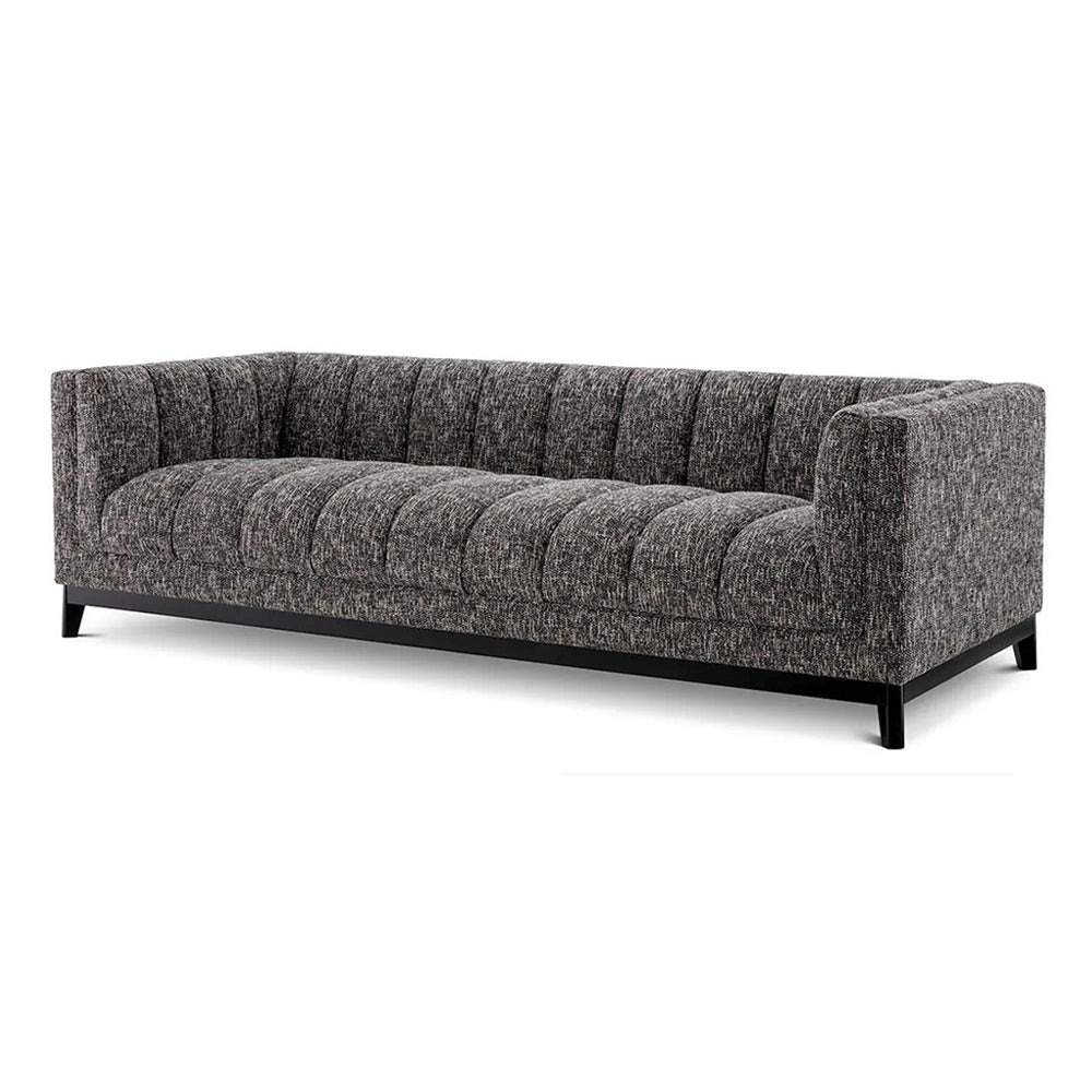 Fekete színű szövettel kárpitozott, prémium minőségű, formatervezett design kanapé.