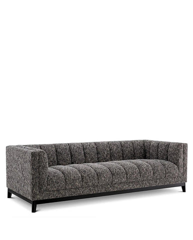Fekete színű szövettel kárpitozott, prémium minőségű, formatervezett design kanapé.