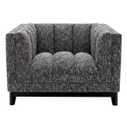 Fekete színű szövettel kárpitozott, prémium minőségű, formatervezett design fotel.