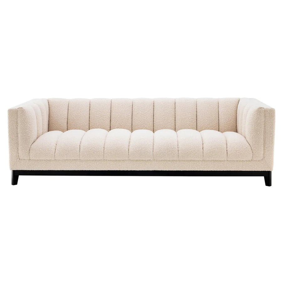 Krémszínű buklé szövettel kárpitozott, prémium minőségű, formatervezett design kanapé,