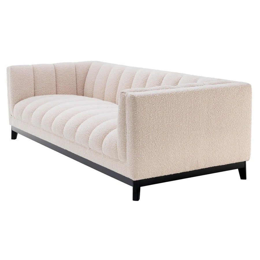 Krémszínű buklé szövettel kárpitozott, prémium minőségű, formatervezett design kanapé,