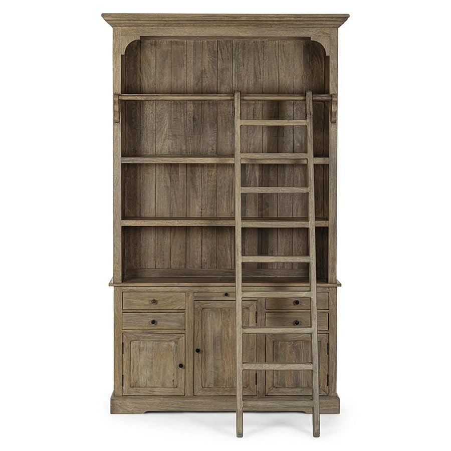 Klasszikus stílusú, létrával ellátott, mangófából készült könyvszekrény.