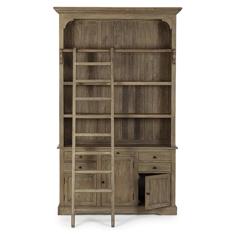 Klasszikus stílusú, létrával ellátott, mangófából készült könyvszekrény.