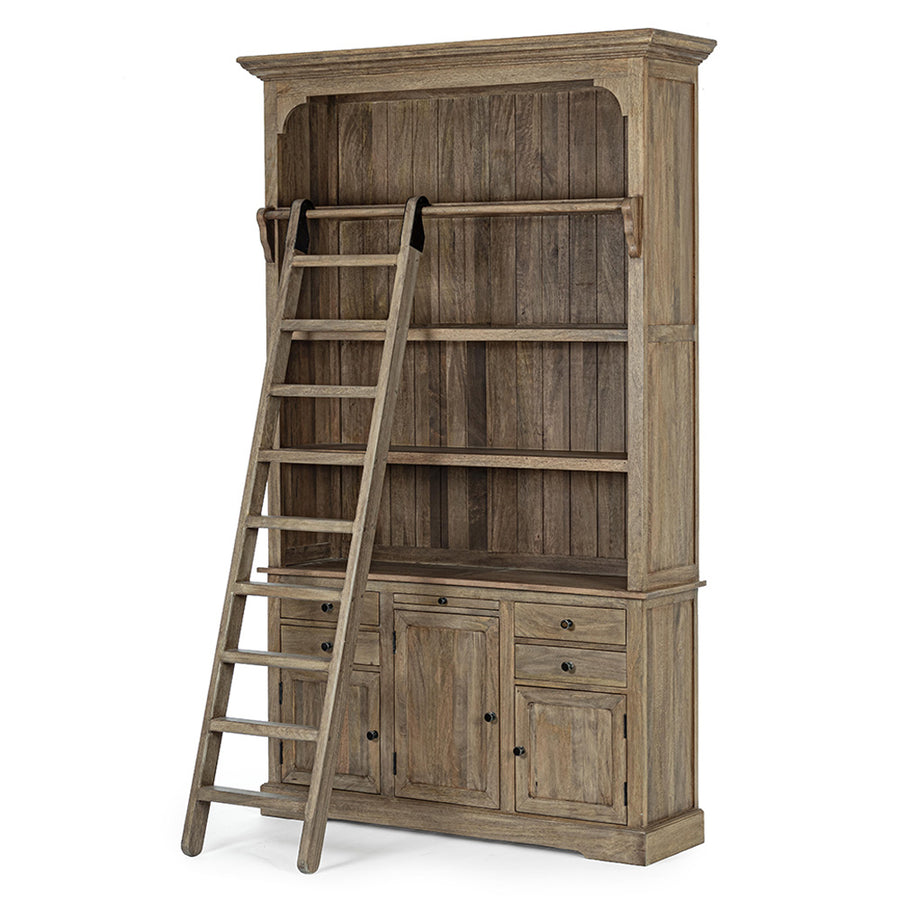 Klasszikus stílusú, létrával ellátott, mangófából készült könyvszekrény.