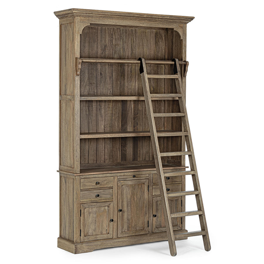 Klasszikus stílusú, létrával ellátott, mangófából készült könyvszekrény.