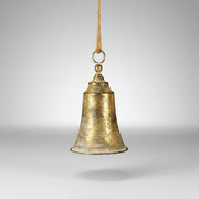 DORÉ antik arany fém harang 30 cm, vintage stílusú karácsonyi dekoráció jutazsinórral és patinás felülettel.