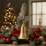 Arany fém harang karácsonyi enteriőrben. 