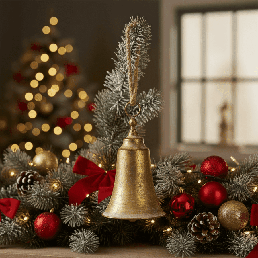 Arany fém harang karácsonyi enteriőrben. 