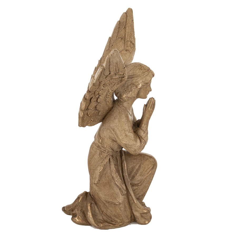 Térdelő angyal figura oldalnézetből, antikolt natúr felület