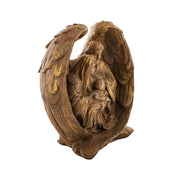 Rusztikus karácsonyi betlehem ferde szögből, natúr színezéssel, művészien kidolgozott részletekkel.