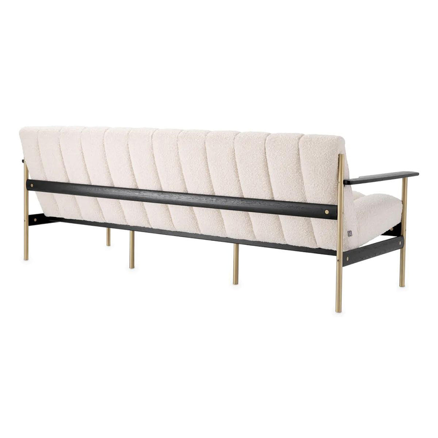 Krémszínű buklé szövettel kárpitozott, prémium minőségű, formatervezett design kanapé.