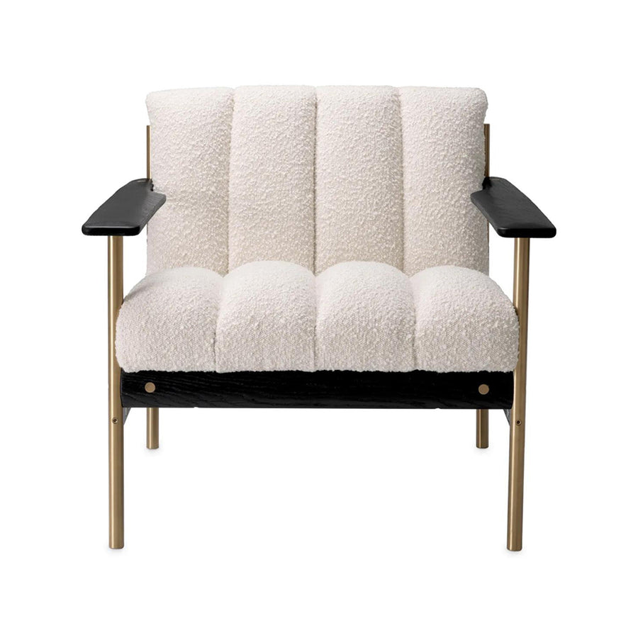 Krémszínű buklé szövettel kárpitozott, prémium minőségű, formatervezett design fotel.