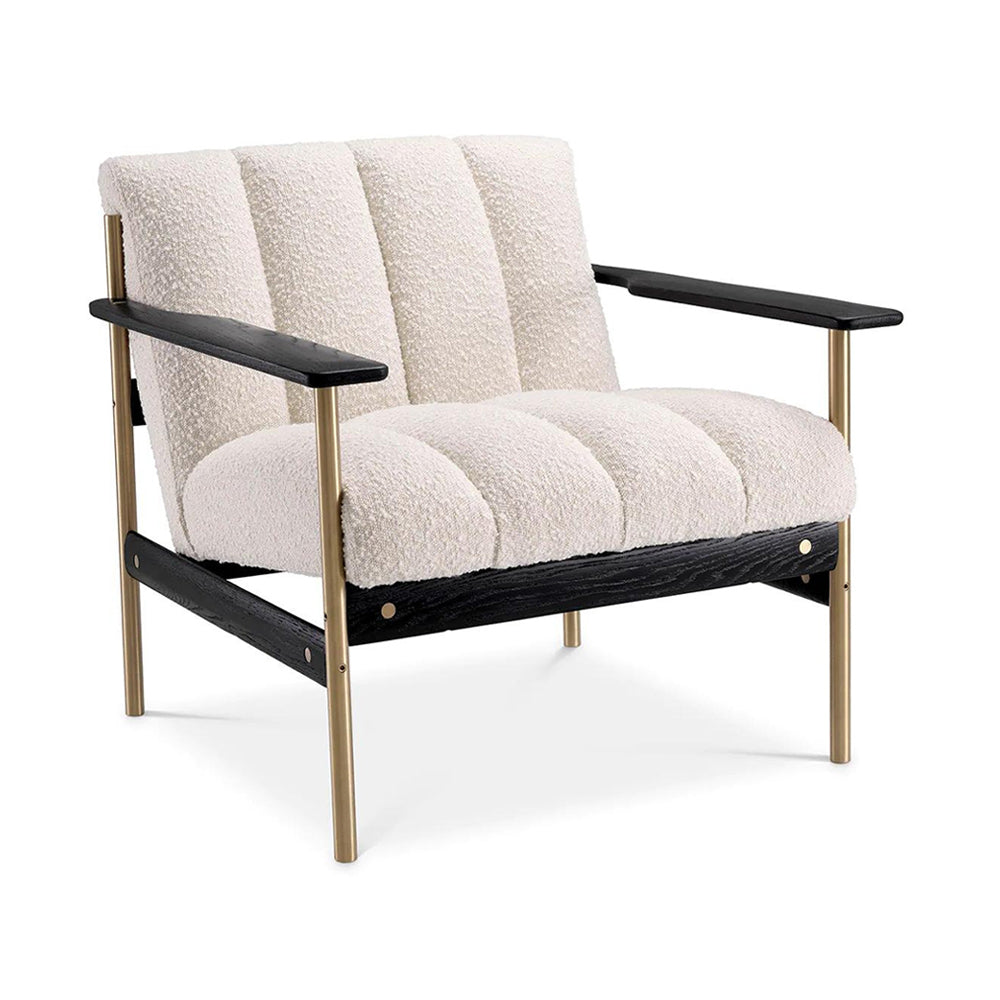 Krémszínű buklé szövettel kárpitozott, prémium minőségű, formatervezett design fotel.