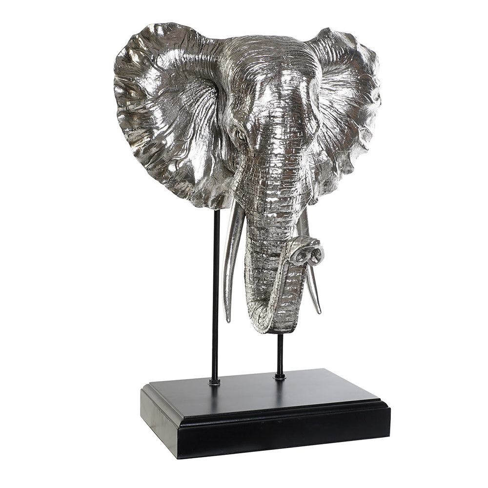 Ezüstszínű elefánt figura, fekete talapzaton.