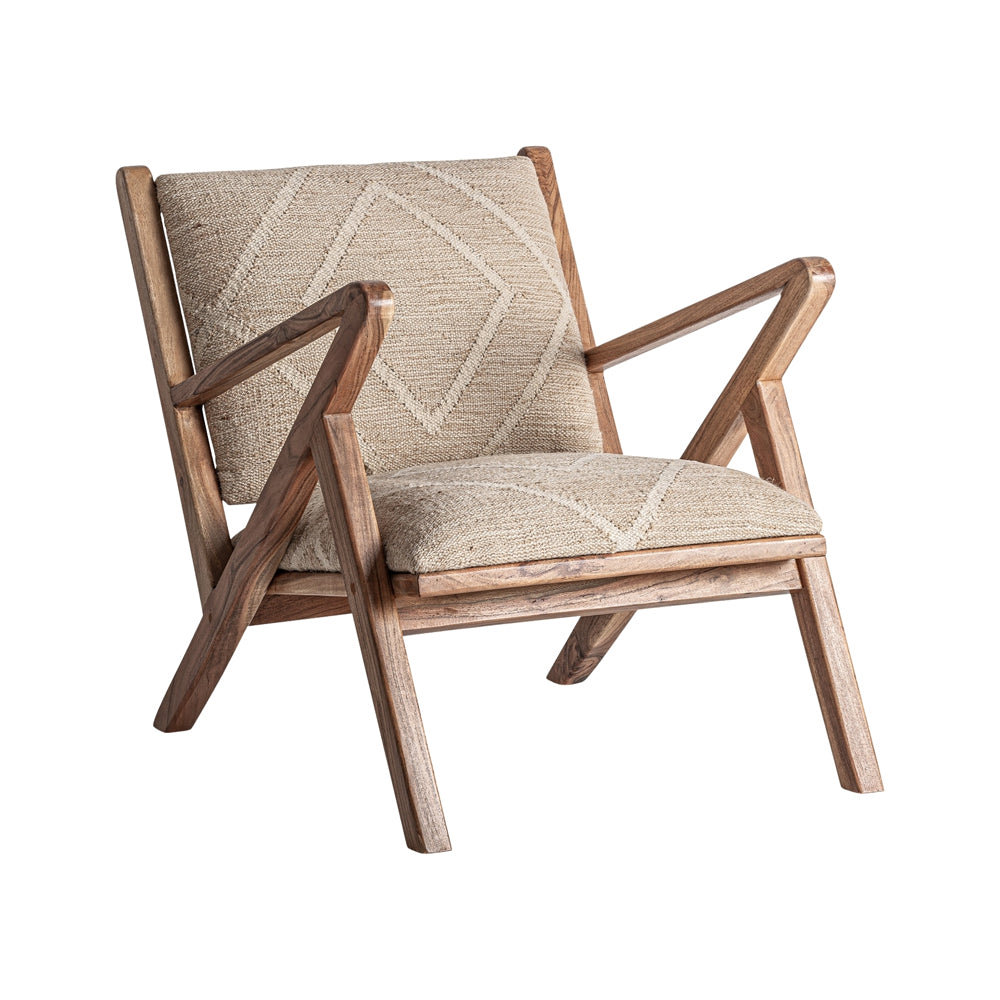 vintage mangófa fotel természetes juta szövettel oldalnézetben