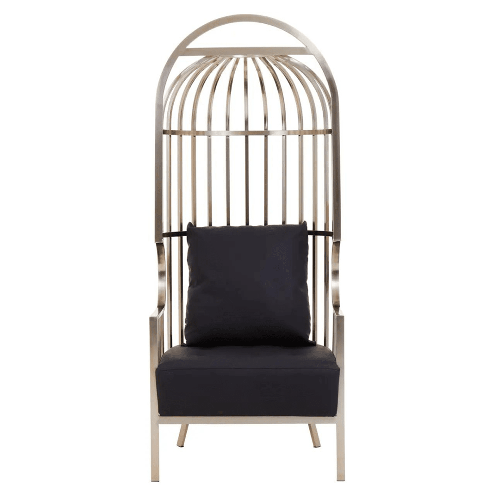 Ezüstszínű, kalitka formájú design fotel.