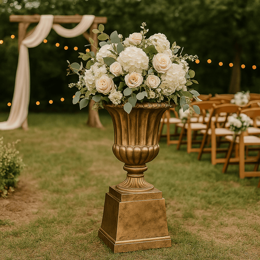 Arany kaspó posztamensen esküvői dekorációként