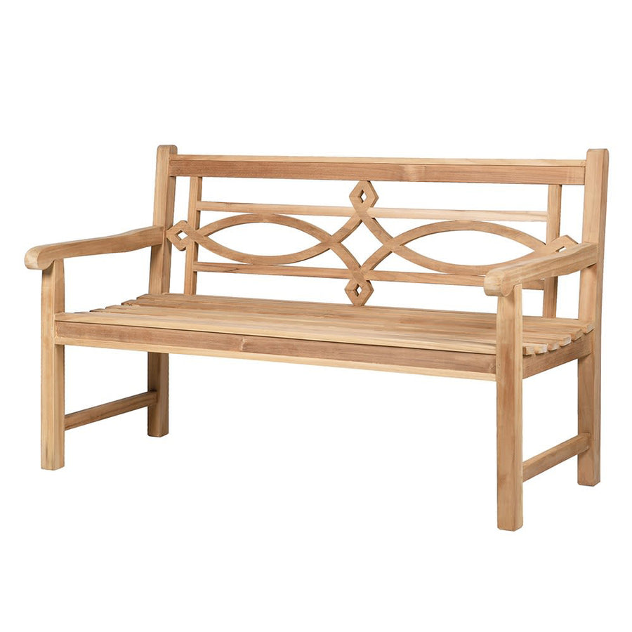 Tömör teakfából készült, díszes kerti pad.