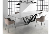 Szürke színű szövettel kárpitozott, acél szerkezetű, formatervezett dizájn étkezőszék.