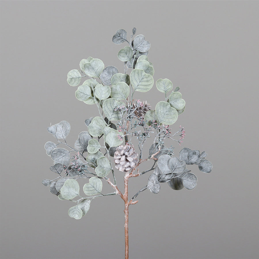 Realisztikus hatású, deres eukaliptusz ág tobozzal, téli és ünnepi dekorációkhoz.