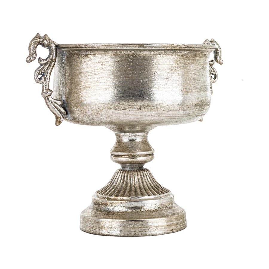 Dekoratív kialakítású, patinás felületű, ezüstszínű, fém díszkaspó.