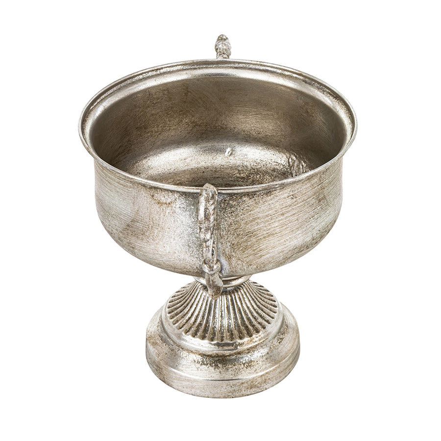 Dekoratív kialakítású, patinás felületű, ezüstszínű, fém díszkaspó.