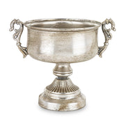 Dekoratív kialakítású, patinás felületű, ezüstszínű, fém díszkaspó.