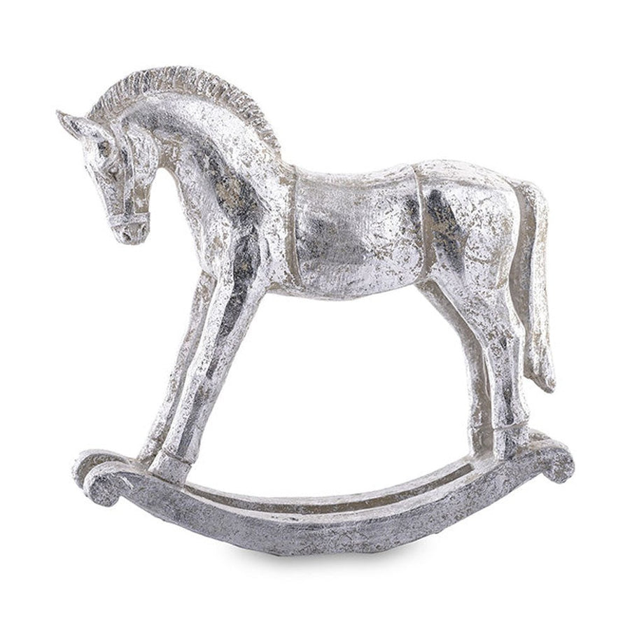 Antikolt felületű, ezüst színű karácsonyi hintaló figura.